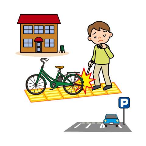 【障害者からの申出】駐車場から店舗までの通路にある点字ブロックの上に他のお客さんの自転車が置かれており立ち往生してしまった。